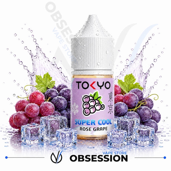 Vape juice bottle labeled 'Super Cool Rose Grape' by Tokyo with grapes and ice cubes on a white background.
