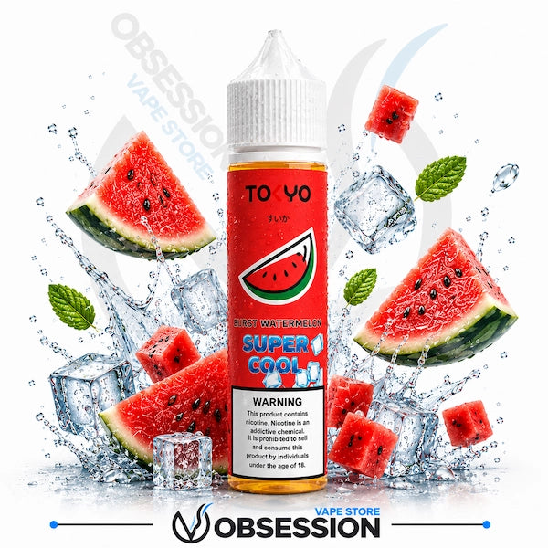 Super Cool watermelon vape juice bottle with watermelon slices and ice cubes on a white background.