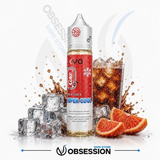 Coca-Cola Super Cool vape juice bottle with ice cubes and grapefruit slices on a white background.