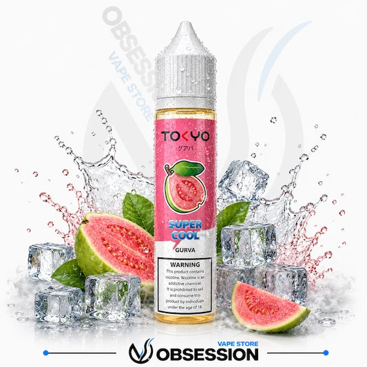 Tokyo Guava vape juice bottle with watermelon slices and ice cubes on a white background, featuring the Obsession Vape Store logo.