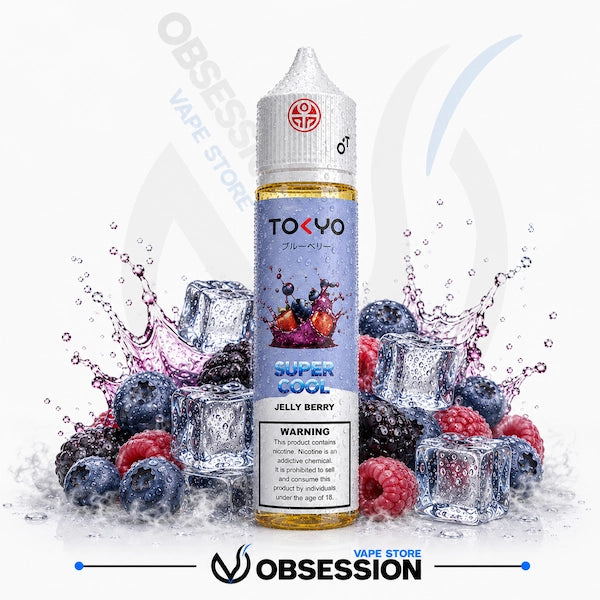 Tokyo Super Cool Jelly Berry vape juice bottle with berries and ice cubes on a white background