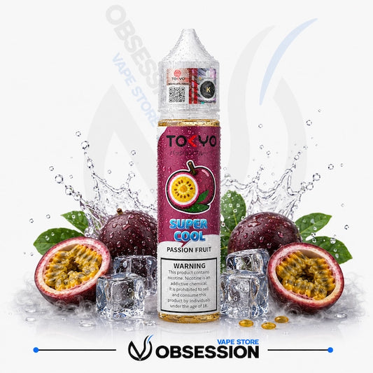Tokyo Vape Super Cool Passion Fruit vape juice bottle with passion fruit and ice cubes on a white background.