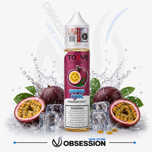 Tokyo Vape Super Cool Passion Fruit vape juice bottle with passion fruit and ice cubes on a white background.