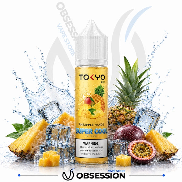 TOKYO Pineapple Mango vape juice bottle with fruit and ice elements on a white background