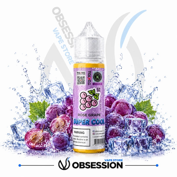Rose grape vape juice bottle with ice cubes and grapes on a white background, featuring the Obsession Vape Store logo.