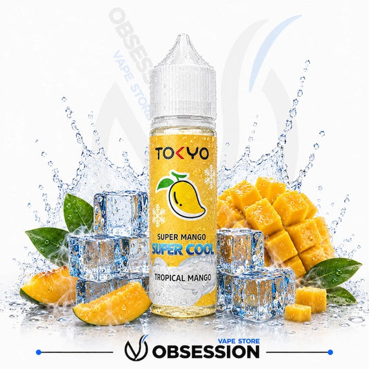 Tropical mango vape juice bottle with mango slices and ice cubes on a white background, featuring the brand 'Obsession'.