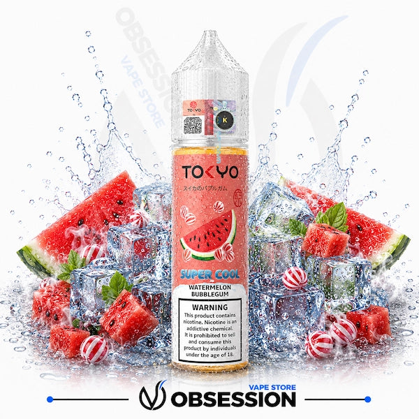 Tokyo vape juice bottle with watermelon and ice cubes on a white background