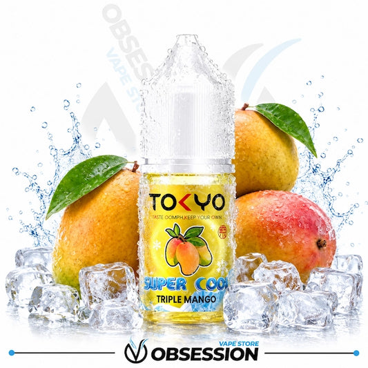 Bottle of Tokyo Super Cool Triple Mango  vape juice with mangoes and ice cubes on a white background.