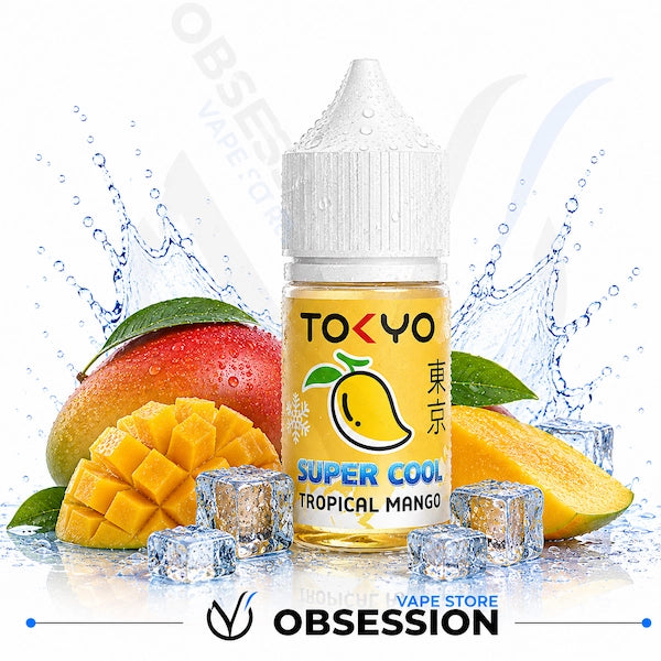 TOKYO Super Cool Tropical Mango vape juice bottle with mangoes and ice cubes on a white background