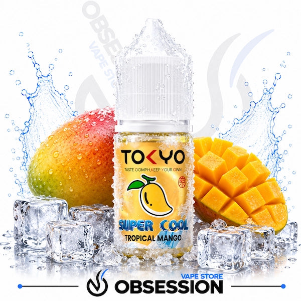 Tropical mango vape juice bottle with mango and ice cubes on a white background, featuring 'Obsession' brand.