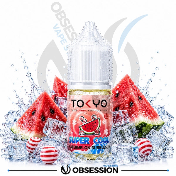 Tokyo Super Cool Watermelon Bubblegum vape juice bottle with watermelon slices and ice cubes on a white background.