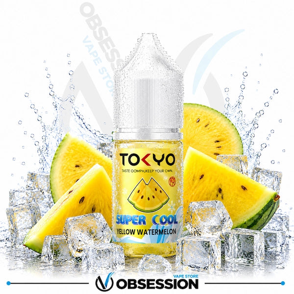Bottle of Tokyo Super Cool Yellow Watermelon vape juice with watermelons and ice cubes on a white background.