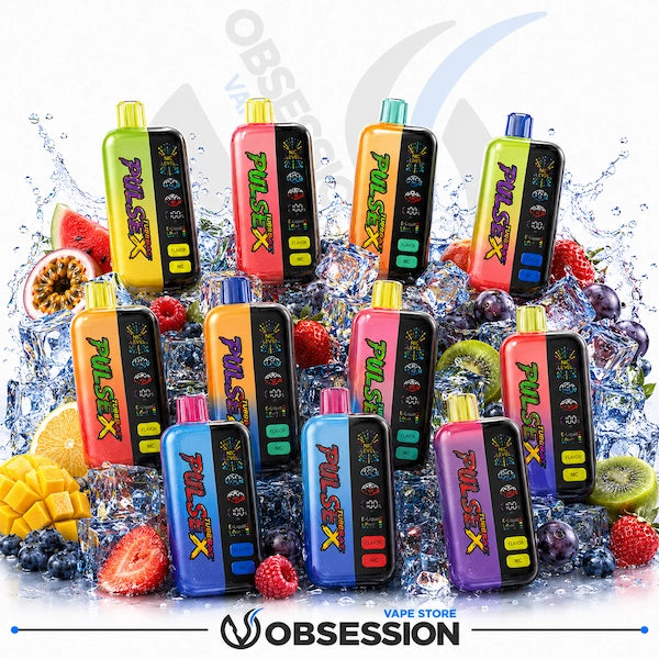 TUGBOAT Pulse X 50000 Puffs Disposable.webp shows an arrangement of eleven colorful TUGBOAT Pulse X disposable vape devices displayed on a bed of crushed ice cubes. The devices feature dual-tone bodies with digital side displays indicating battery and e-liquid levels. They are surrounded by a variety of fresh fruits, including sliced watermelons, halved passion fruit, strawberries, raspberries, blueberries, mango cubes, lemon slices, and kiwi fruit slices, accented by water splashes on a white background.