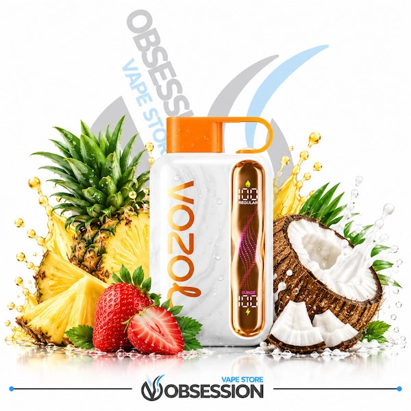 A white Vozol vape device with an orange cap and a gold side display, surrounded by fresh pineapple, strawberries, and a halved coconut on a white background with Obsession Vape Store branding.