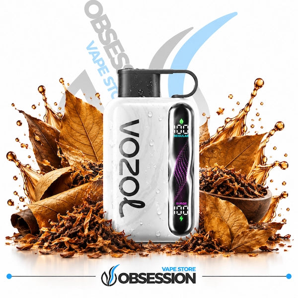A white VOOOL vape device with a black mouthpiece and a digital display screen, surrounded by autumn leaves, tobacco, and water droplets, with Obsession Vape Store branding.