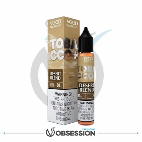 VGOD Tobacc+ Desert Blend vape juice bottle and packaging on a white background