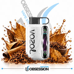 A white VOOOL vape device with a black mouthpiece and a digital display screen, surrounded by autumn leaves, tobacco, and water droplets, with Obsession Vape Store branding.