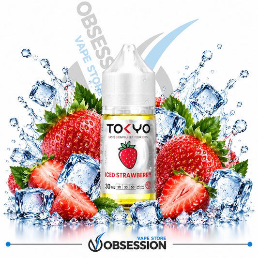 A 30ml bottle of Tokyo Vapes 'Iced Strawberry' e-liquid, surrounded by fresh strawberries, green leaves, and ice cubes with water splashes on a white background. The brand 'Obsession' is visible as a watermark and logo at the bottom.