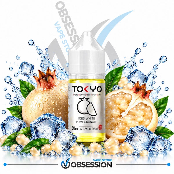 A 30ml bottle of Tokyo Vape 'Iced White Pomegranate' e-liquid, styled with fresh pomegranates, ice cubes, and green leaves on a white background with a 'Obsession' watermark.