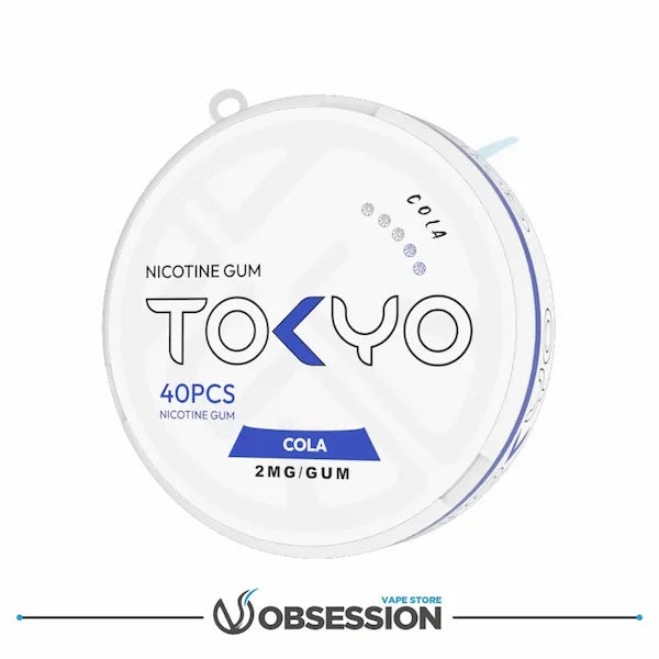 Nicotine gum container labeled 'Tokyo' with cola flavor on a white background.