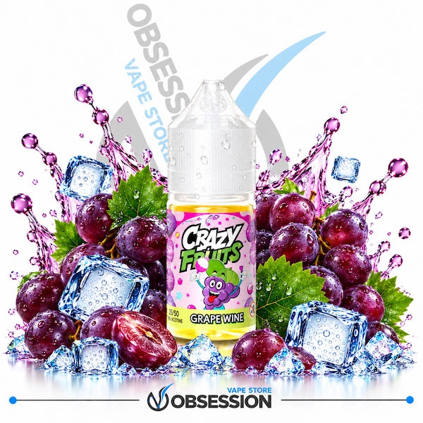 A bottle of grape wine flavored e-liquid centered in a promotional graphic with grapes, ice cubes, water splashes, and green leaves on a white background. The label reads 'Crazy Fruits Grape Wine' and the visible brand is Obsession.
