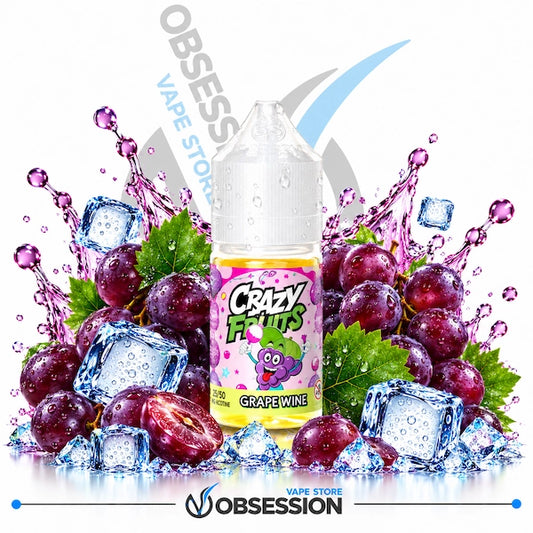 A bottle of grape wine flavored e-liquid centered in a promotional graphic with grapes, ice cubes, water splashes, and green leaves on a white background. The label reads 'Crazy Fruits Grape Wine' and the visible brand is Obsession.