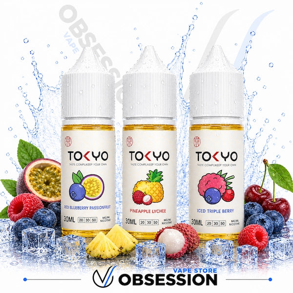 Three bottles of Tokyo vape juice with fruit illustrations on a white background, featuring the Obsession Vape Store logo.