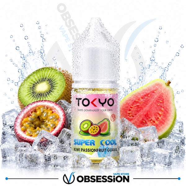 TOKYO vape juice bottle with tropical fruits and ice cubes on a white background