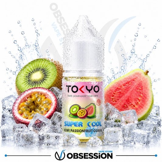 TOKYO vape juice bottle with tropical fruits and ice cubes on a white background