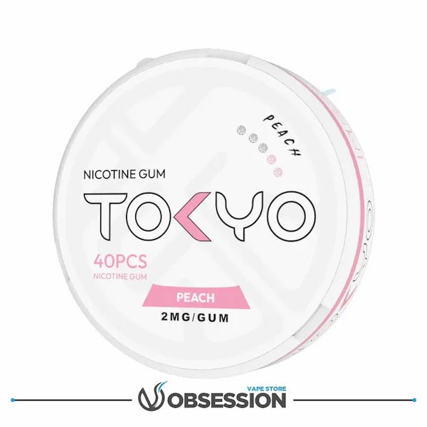 Nicotine gum container labeled 'Tokyo' with peach flavor on a white background.