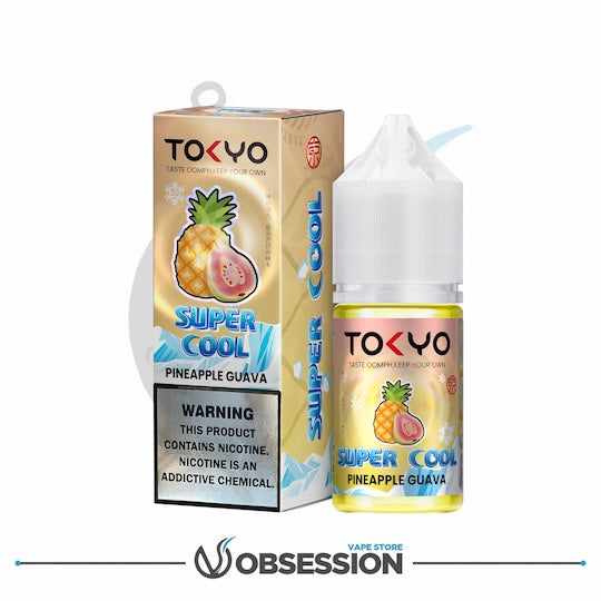 Tokyo Super Cool Pineapple Guava vape juice packaging with warning label on a white background.