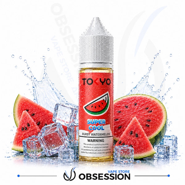 Tokyo Super Cool Burst Watermelon vape juice bottle with watermelon slices and ice cubes on a white background.