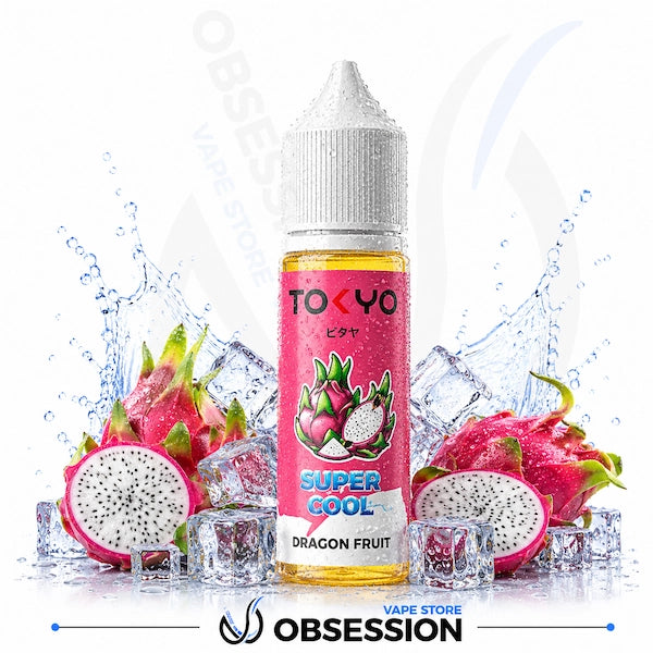 Vape juice bottle labeled 'Super Cool Dragon Fruit' by Tokyo with dragon fruit and ice cubes on a white background.