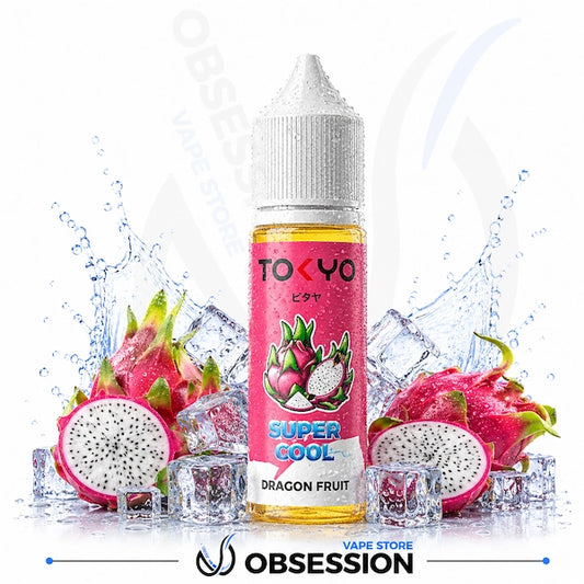 Vape juice bottle labeled 'Super Cool Dragon Fruit' by Tokyo with dragon fruit and ice cubes on a white background.