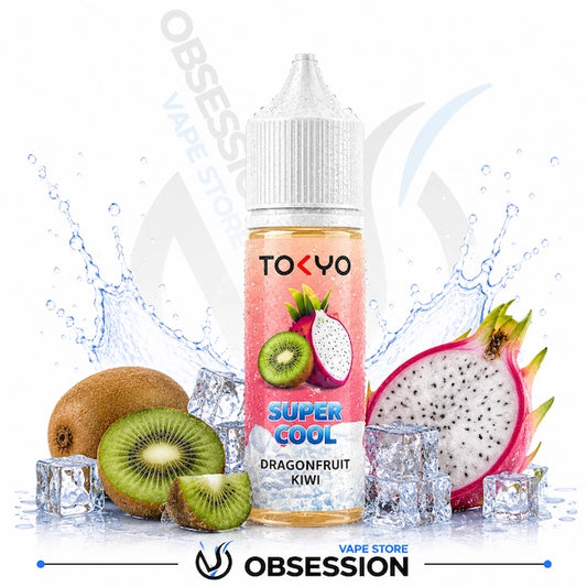 Tokyo Super Cool Dragonfruit Kiwi vape juice bottle with dragonfruit, kiwi, and ice cubes on a white background.