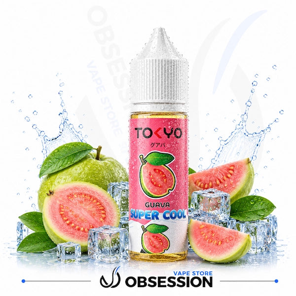 Tokyo Guava Super Cool vape juice bottle with guava fruit and ice cubes on a white background