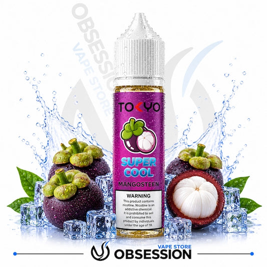 Tokyo Super Cool Mangosteen vape juice bottle with mangosteen fruit and ice cubes on a white background.