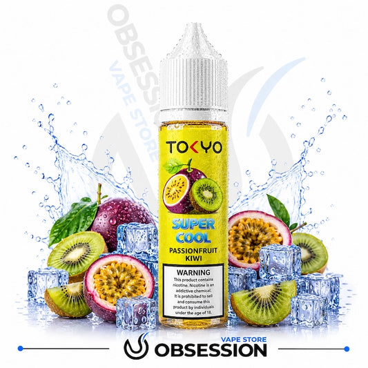 TOKYO Super Cool Passionfruit Kiwi vape juice bottle with fruit and ice elements on a white background.
