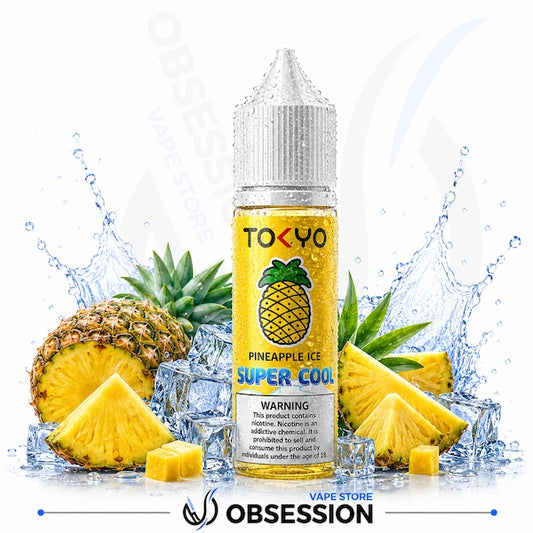 Tokyo Pineapple Ice vape juice bottle with pineapples and ice cubes on a white background