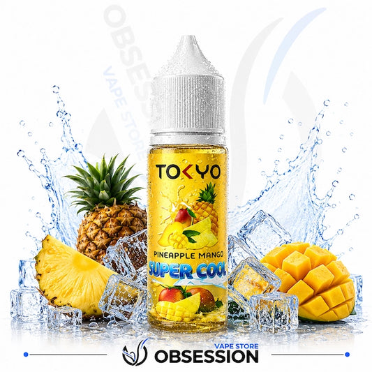 Vape juice bottle labeled 'Tokyo Pineapple Mango' with pineapple and mango graphics on a white background.
