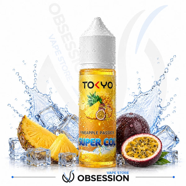 Bottle of Tokyo Pineapple Passion Super Cool vape juice with pineapple and passion fruit on a white background.