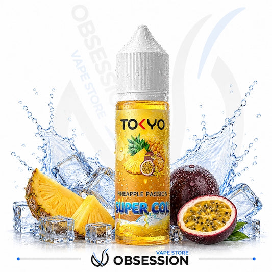 Bottle of Tokyo Pineapple Passion Super Cool vape juice with pineapple and passion fruit on a white background.