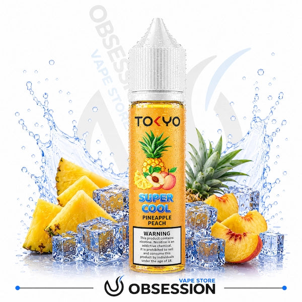 Tokyo Super Cool Pineapple Peach vape juice bottle with pineapple and peach slices on a white background.