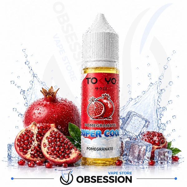 Pomegranate-flavored vape juice bottle with pomegranates and ice cubes on a white background