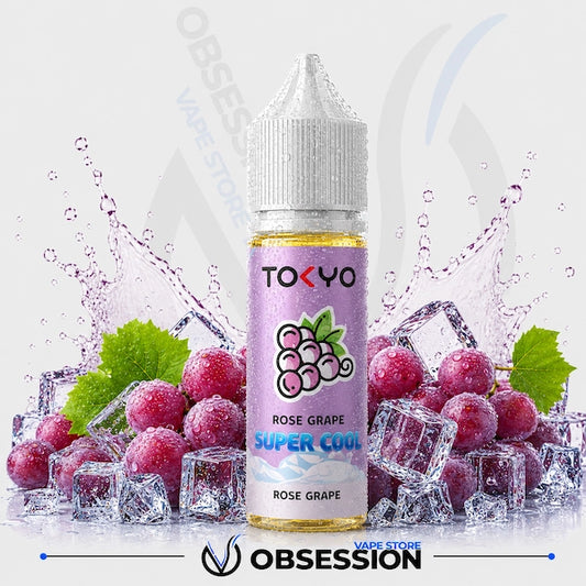 Tokyo Rose Grape Super Cool vape juice bottle with grapes and ice cubes in the background