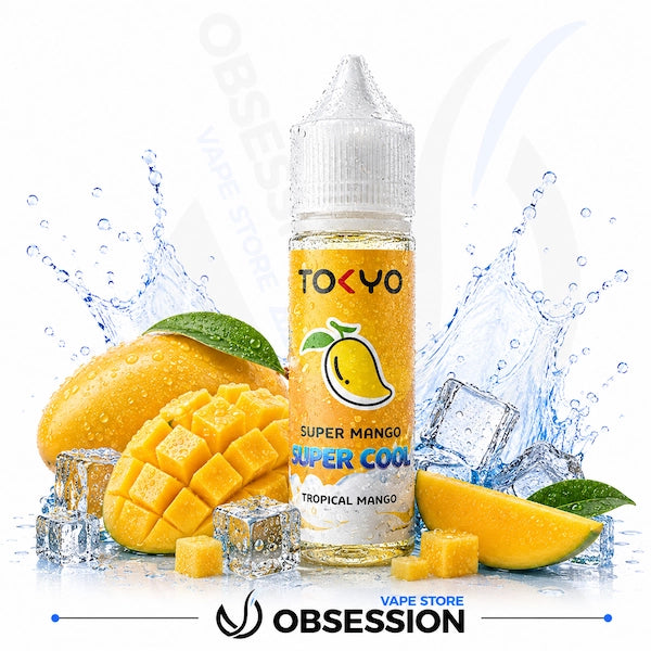 TOKYO Super Mango vape juice bottle with mangoes and ice cubes on a white background