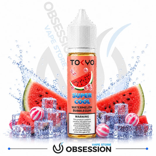 Tokyo Super Cool Watermelon Bubblegum vape juice bottle with watermelon slices and ice cubes on a white background.