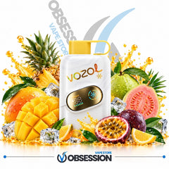 A Vozol disposable vape device with a yellow mouthpiece and a gold/black screen, surrounded by fresh fruit slices, whole fruits, ice cubes, and golden liquid splashes on a white background. The image features 'OBSES' and 'VAPESTORE' branding.