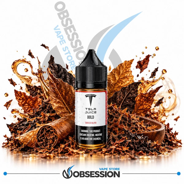 A bottle of TSLA Juice Bold e-liquid in Tobacco Flavour, displayed on a white background surrounded by a stylized arrangement of dried autumn leaves, liquid splashes, and loose tobacco. The bottle features a black cap and a white label with a black Tesla logo.