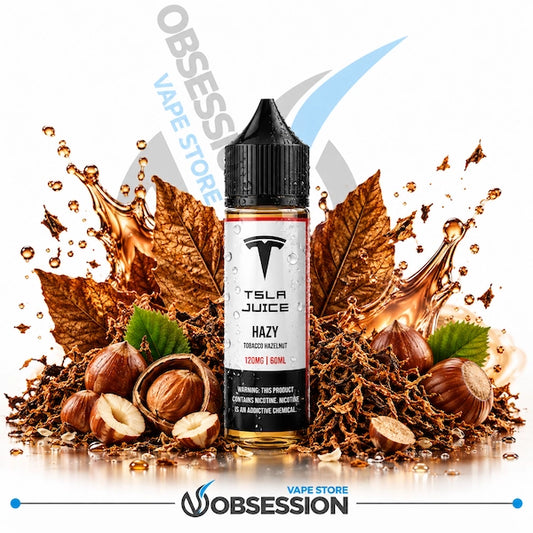 A bottle of TSLA JUICE e-liquid in the 'Hazy' flavor, presented on a white background with a stylized graphic of tobacco leaves, hazelnuts, and liquid splashes. The brand 'Obsession' is visible as a watermark and logo at the bottom.
